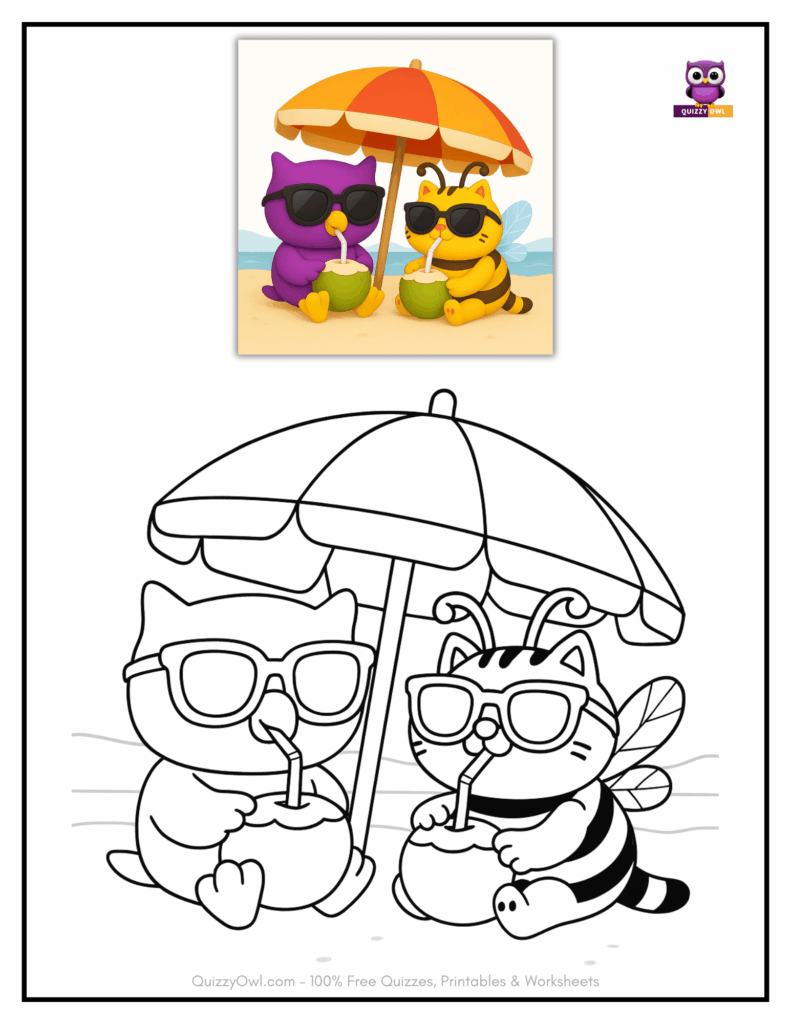 Black-and-white beach scene with CatBee and QuizzyOwl sitting under an umbrella.