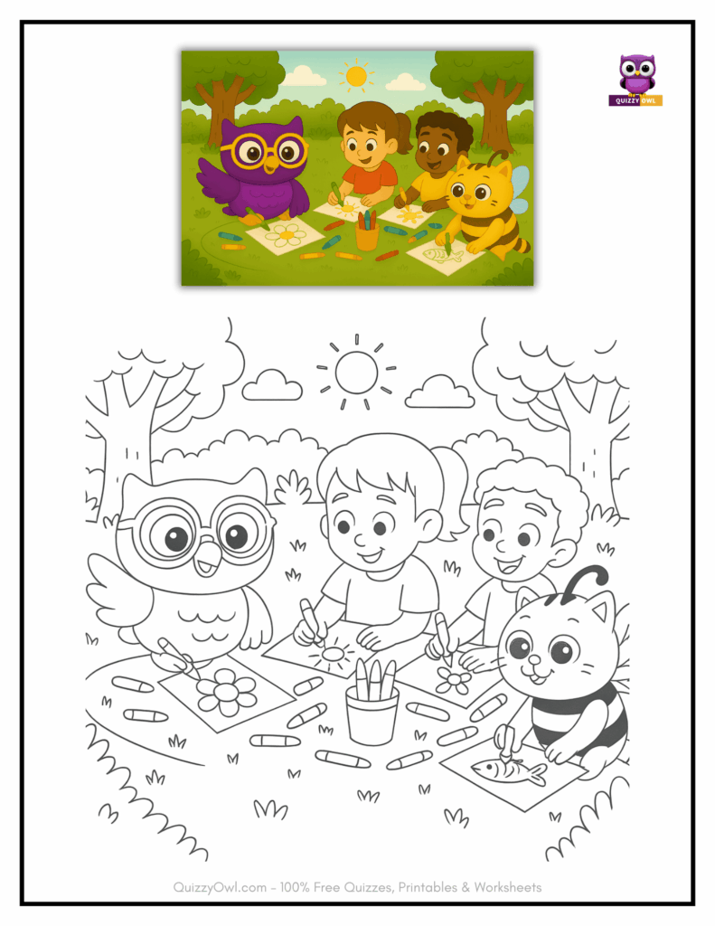Line drawing of CatBee, QuizzyOwl, and friends studying together on the grass.