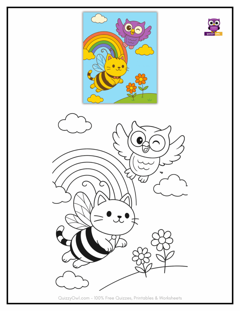 Coloring page showing CatBee and QuizzyOwl watching a rainbow in the sky.