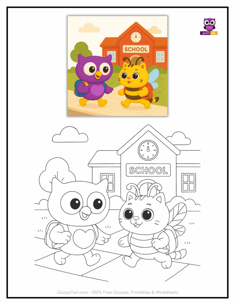 Line drawing of CatBee and QuizzyOwl walking toward a school building.