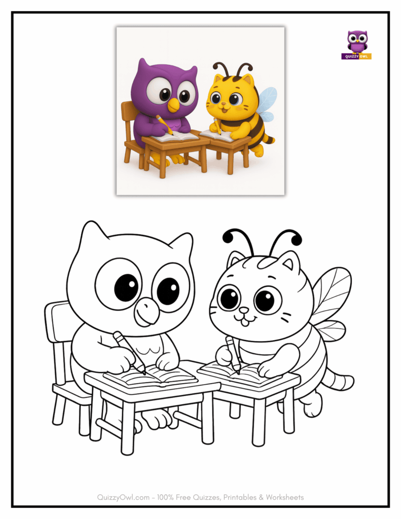 Black-and-white image of CatBee and QuizzyOwl reading books at a table.