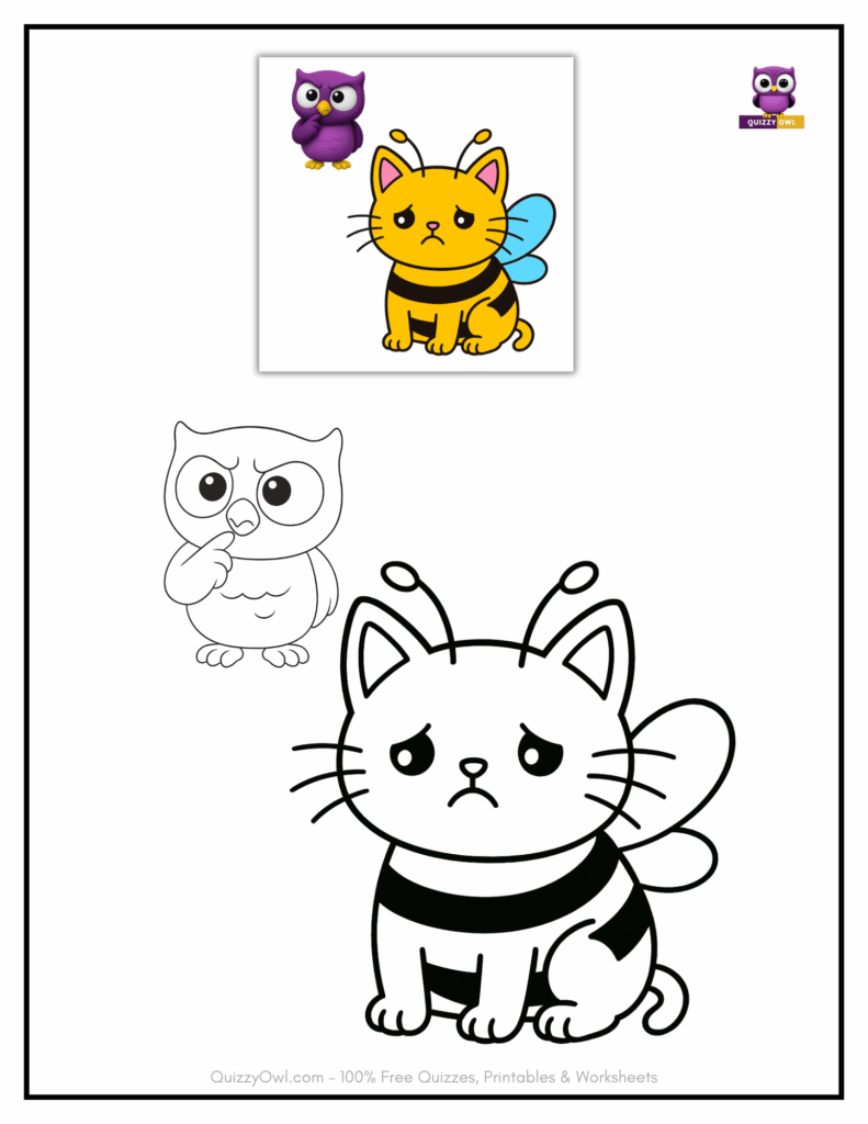 Line drawing of QuizzyOwl looking at sad CatBee sitting quietly.