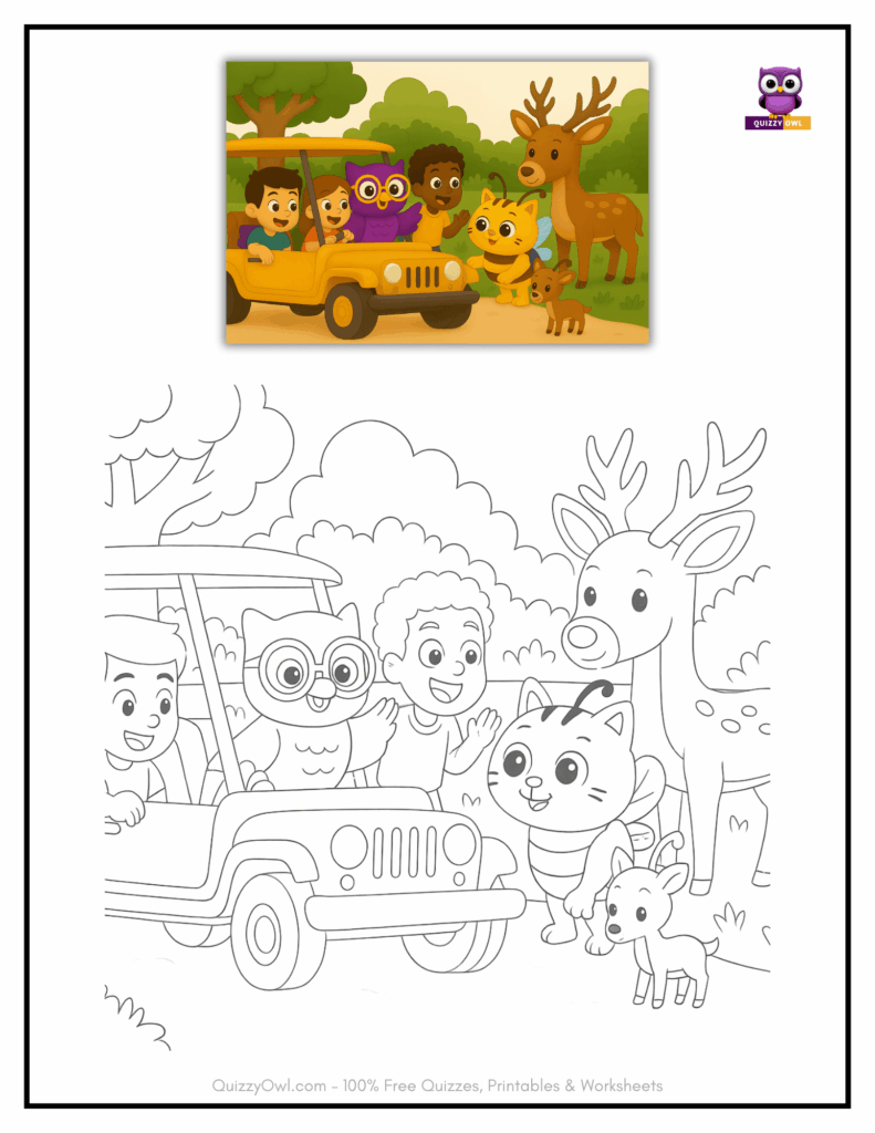 Coloring page of CatBee and QuizzyOwl at the zoo near animals and enclosures.