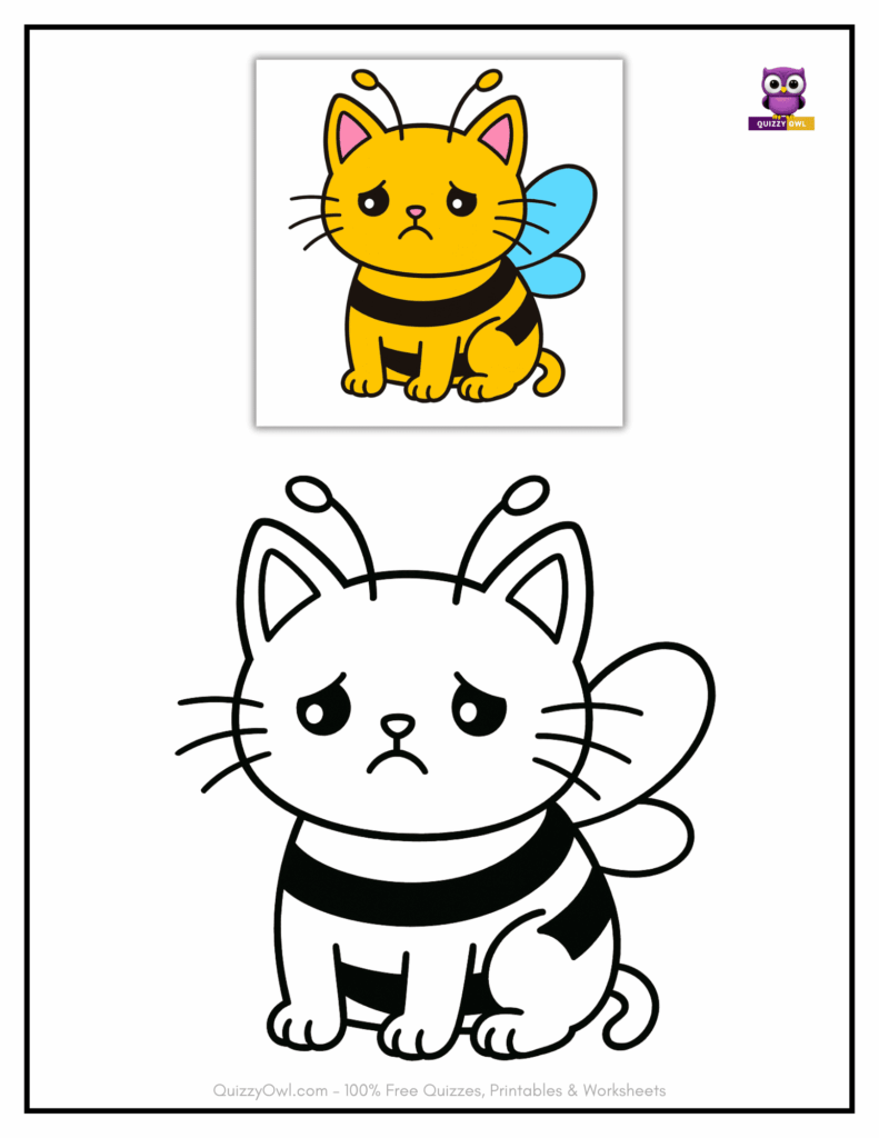 Black-and-white illustration of a sad CatBee
