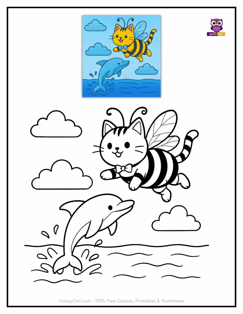 Line drawing of CatBee flying above the ocean with dolphins below.