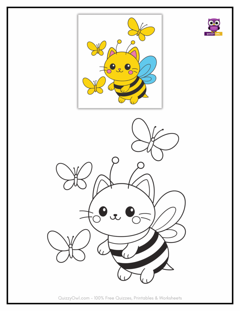 Cat Bee Coloring Pages with butterflies around him