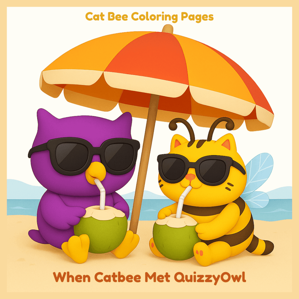 coloring pages collection of a cute bee-cat hybrid character with stripes and tiny wings, smiling and ready for kids to color.