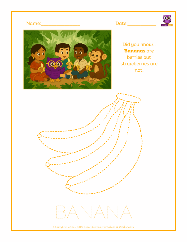 Banana tracing worksheet for kids