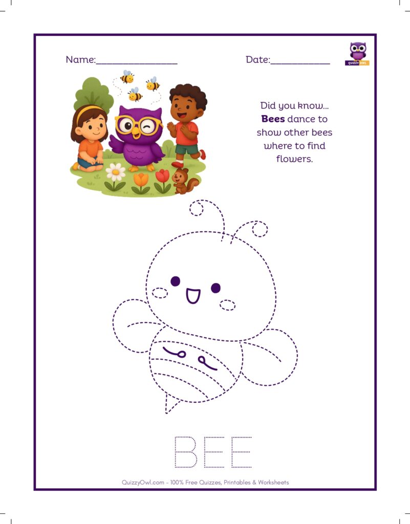 Bee tracing worksheet for kids