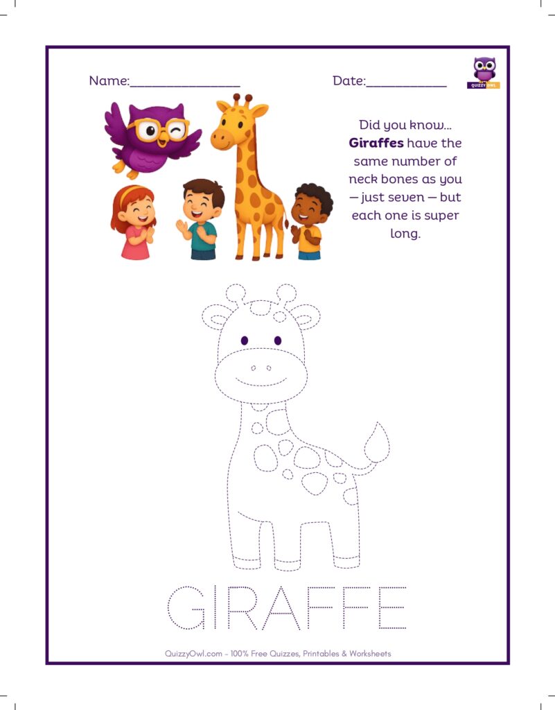 Giraffe tracing worksheet for kids