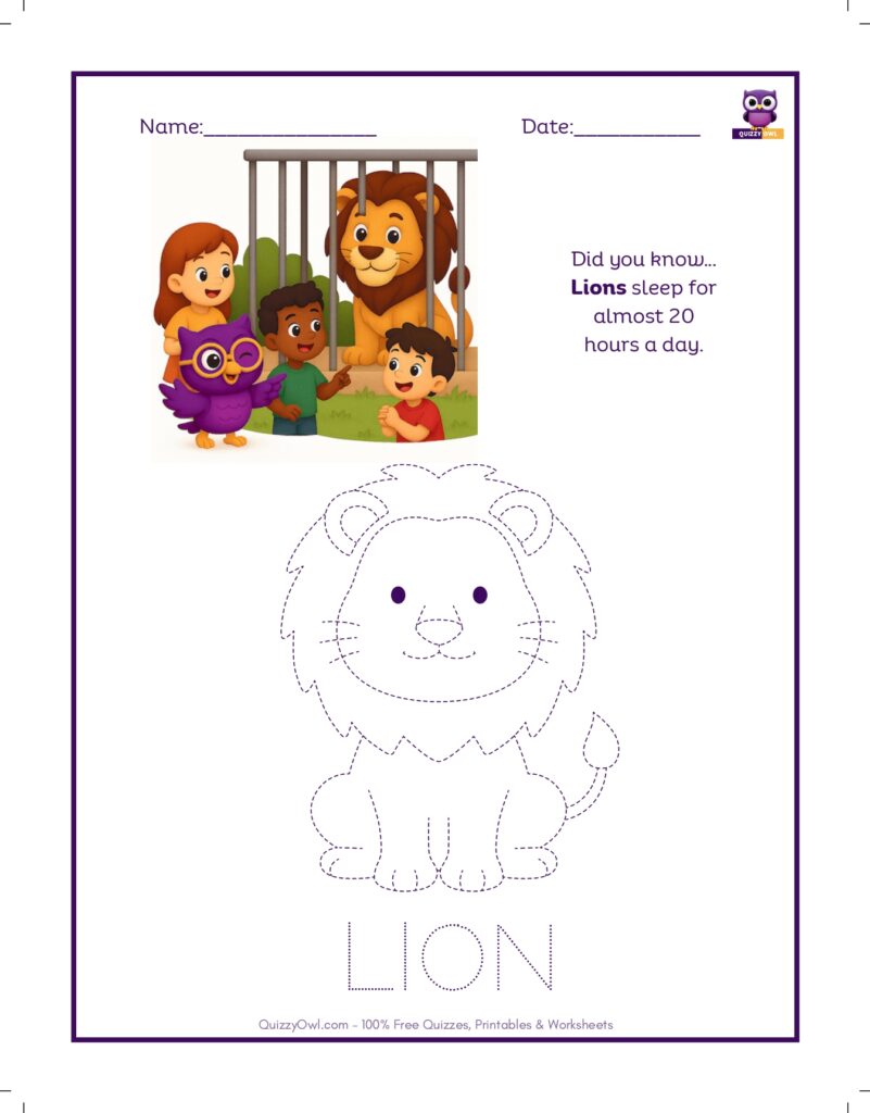 Lion tracing worksheet for kids