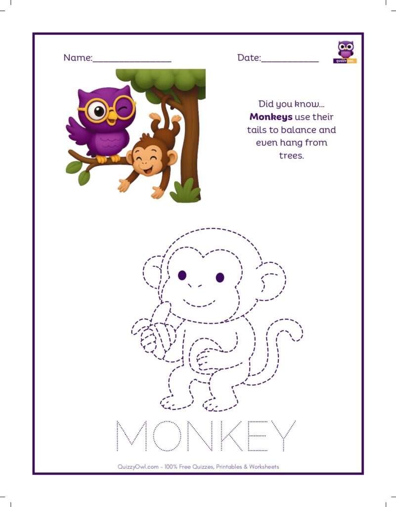 Monkey tracing worksheet for kids