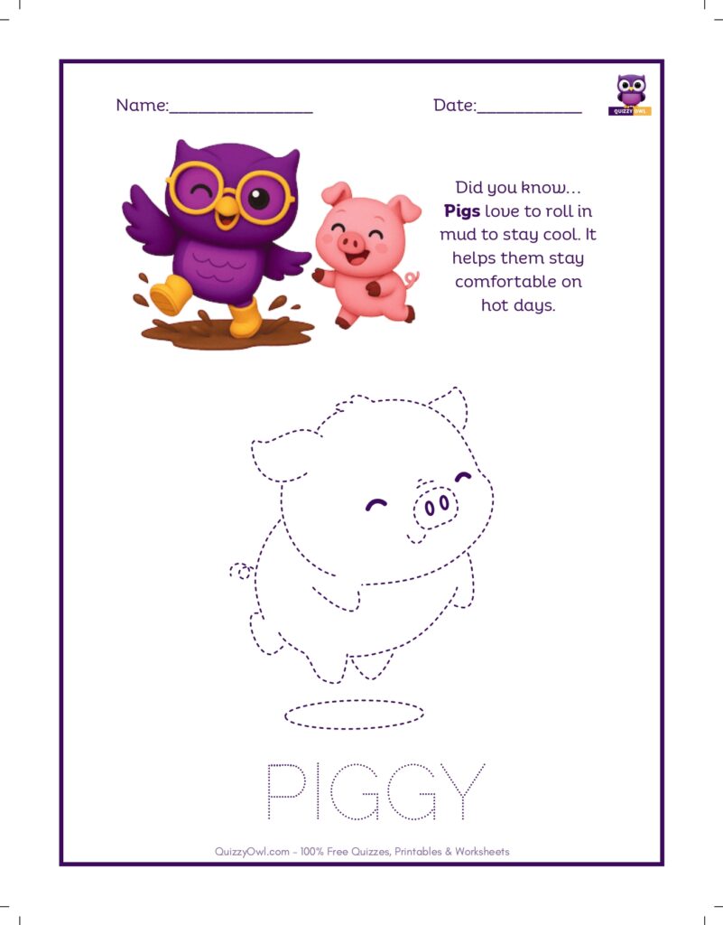 Pig tracing worksheet for kids