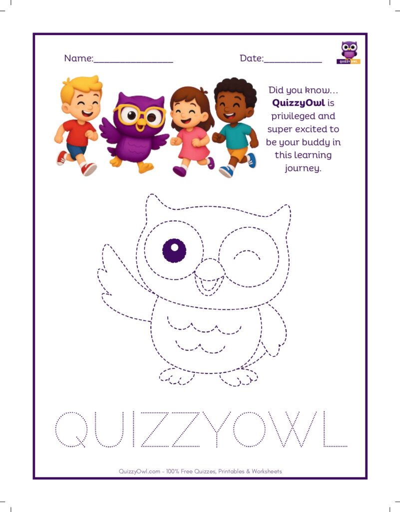 QuizzyOwl tracing worksheet for kids