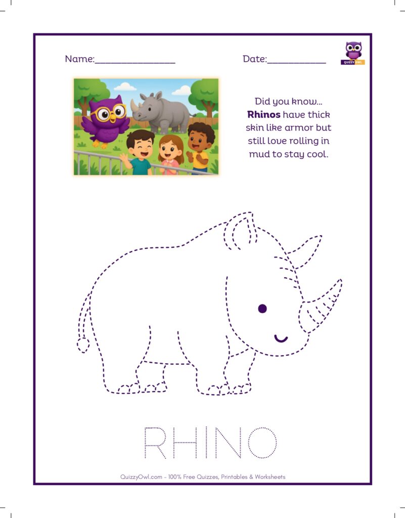 Rhino tracing worksheet for kids