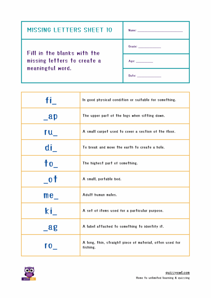 Interactive 3-letter word spelling worksheet with blanks.
