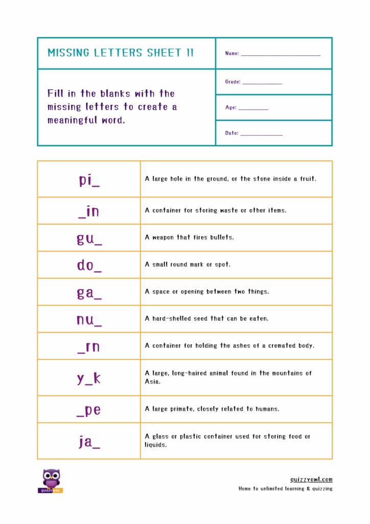 Beginner-level missing letter worksheet for 3-letter vocabulary.