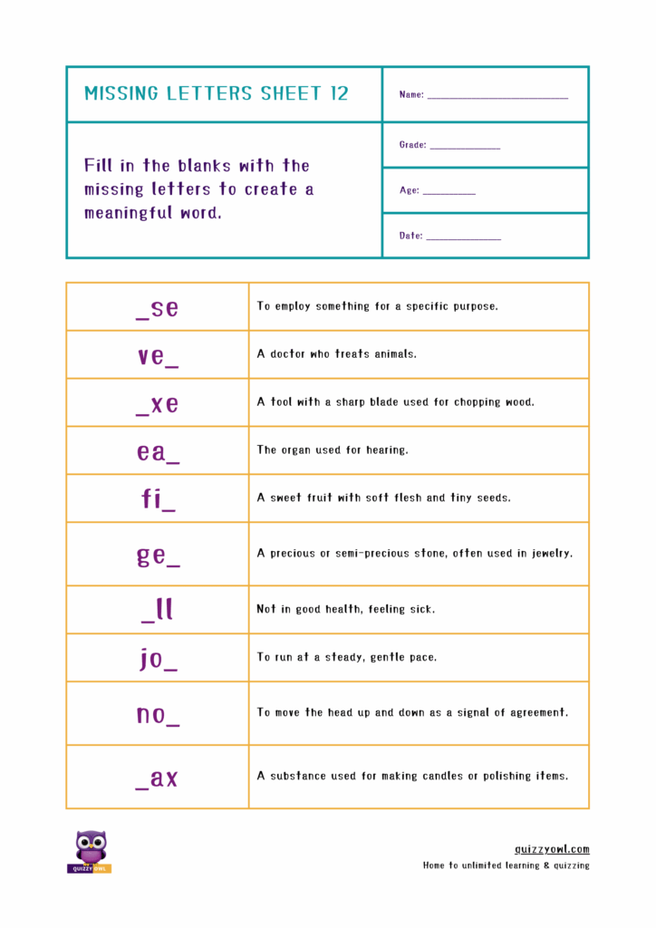 Engaging 3-letter word worksheet with missing letter blanks.