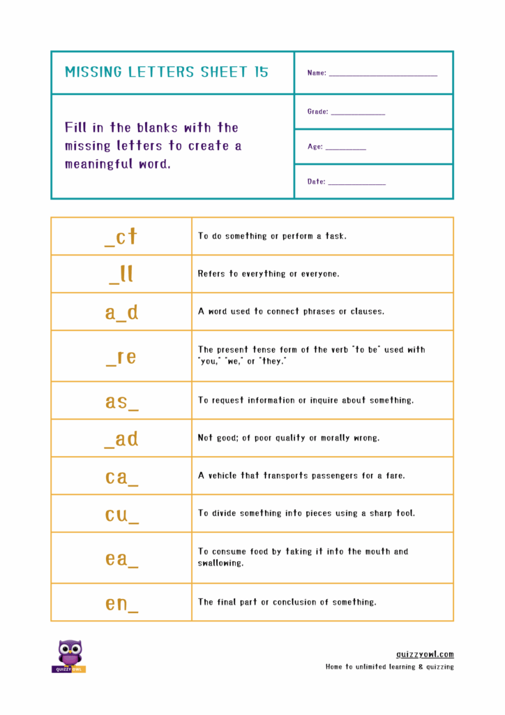 Colorful missing letter worksheet focused on 3-letter words.