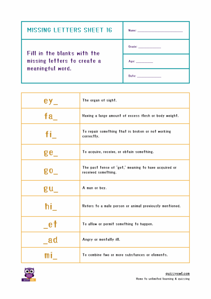 Printable missing letter worksheet with a 3-letter word activity.