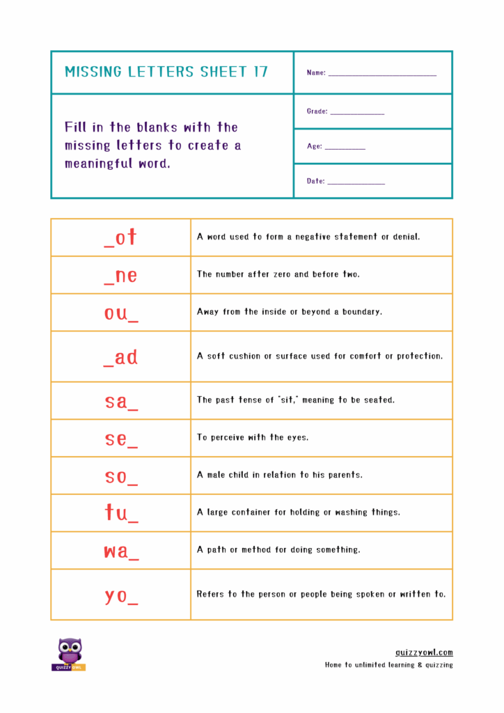Missing letter worksheet for beginner 3-letter word practice.