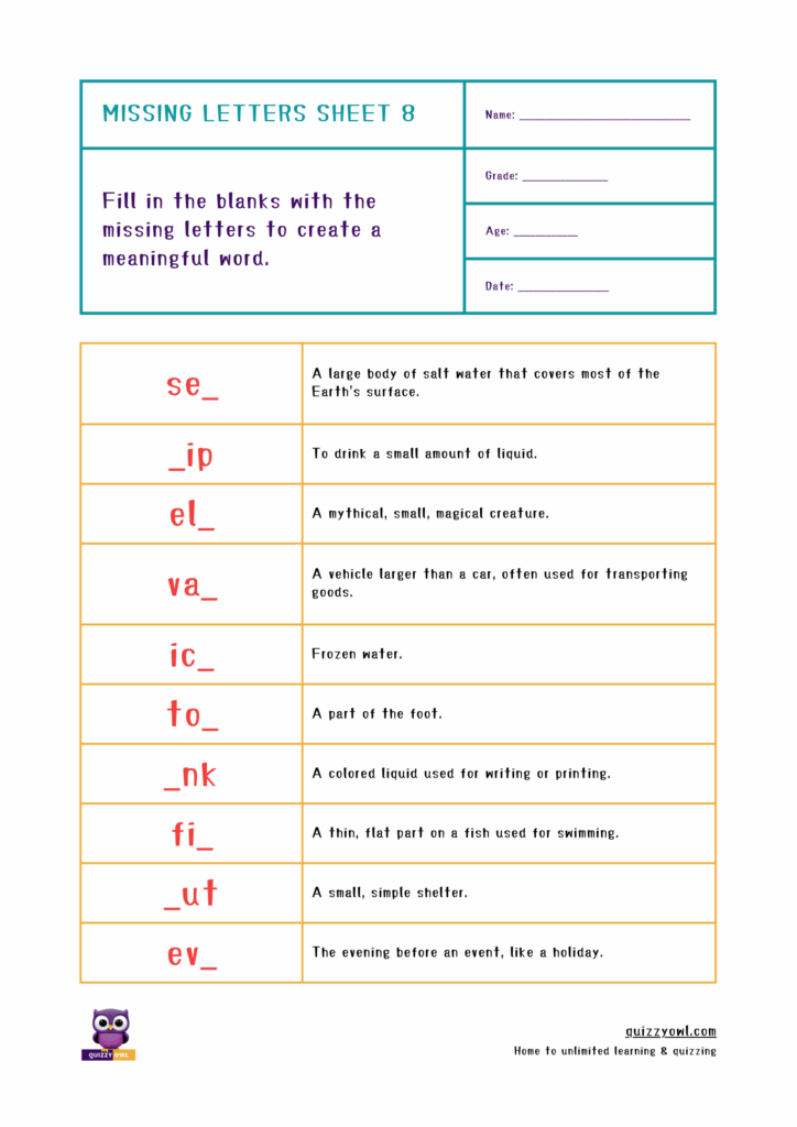 Early literacy worksheet for completing 3-letter words.