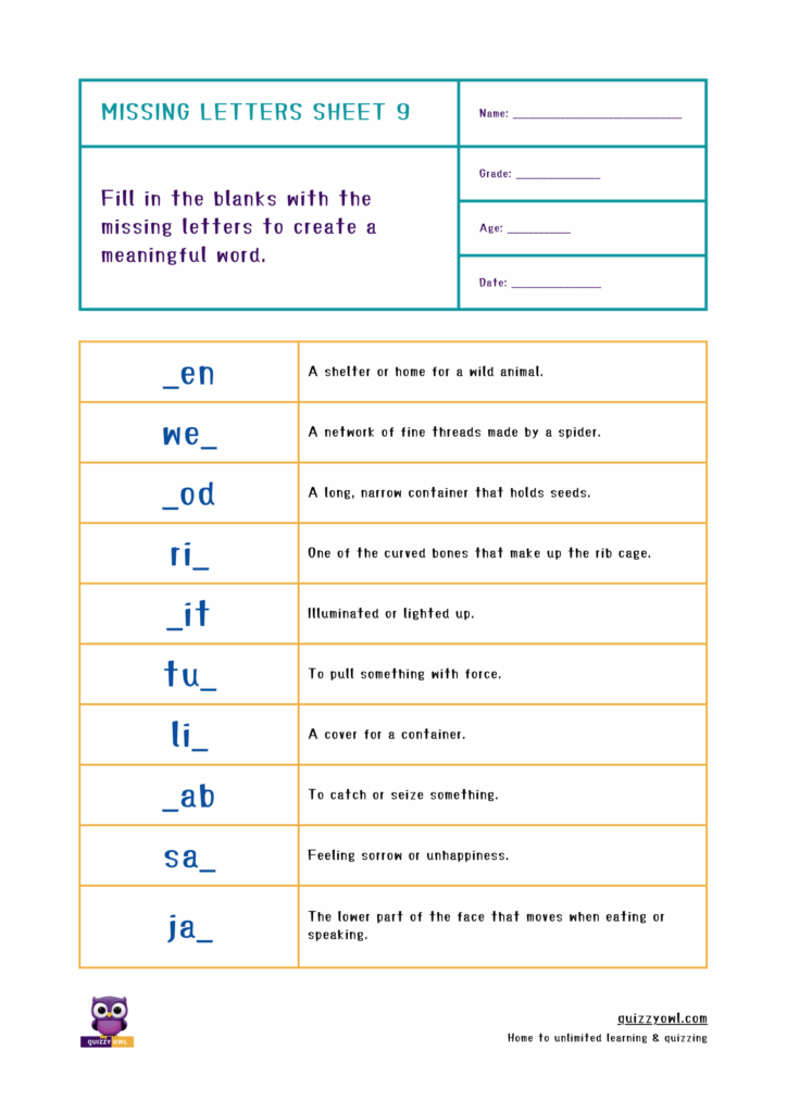 Kid-friendly missing letter worksheet for short 3-letter words.
