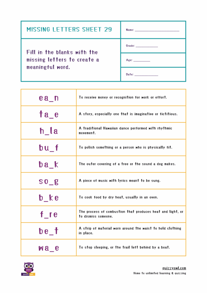Printable worksheet with missing letters in 4-letter vocabulary words.