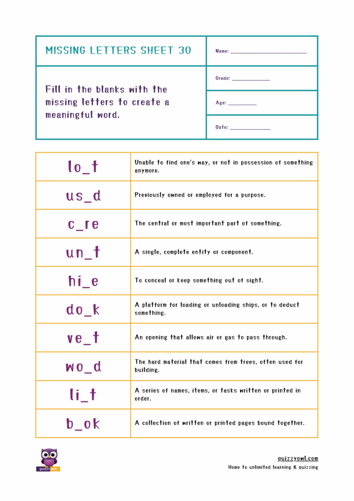 Kid-friendly 4-letter word spelling worksheet with blanks to fill.
