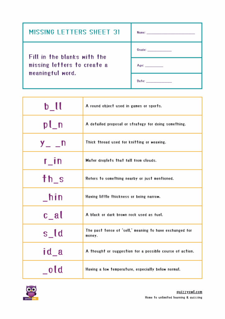 4-letter missing letter activity for early literacy development.