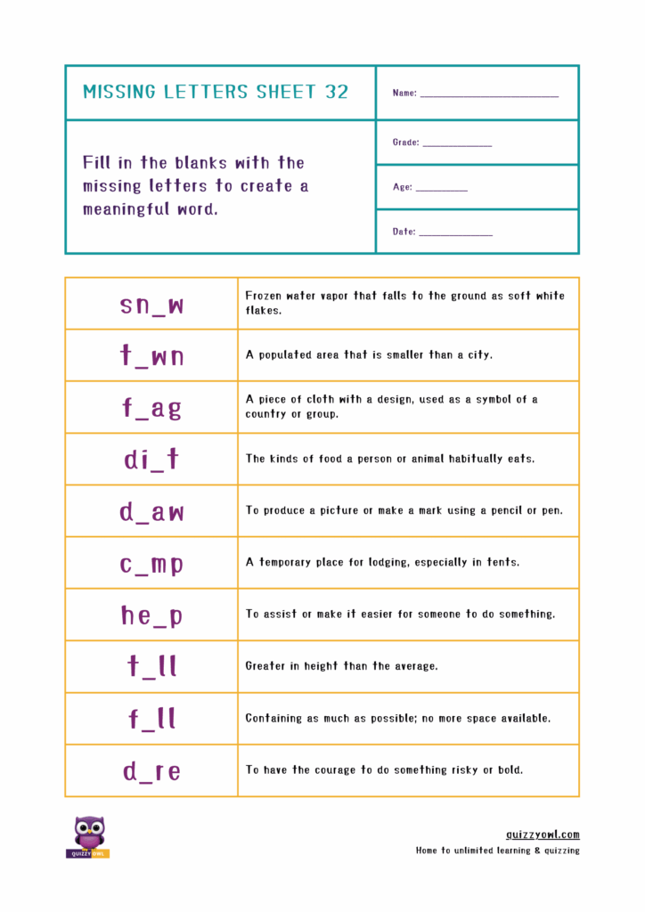 Interactive 4-letter missing letter worksheet for kids.