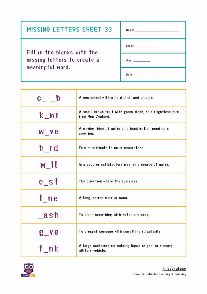 4-letter spelling worksheet with missing letter challenge for children.