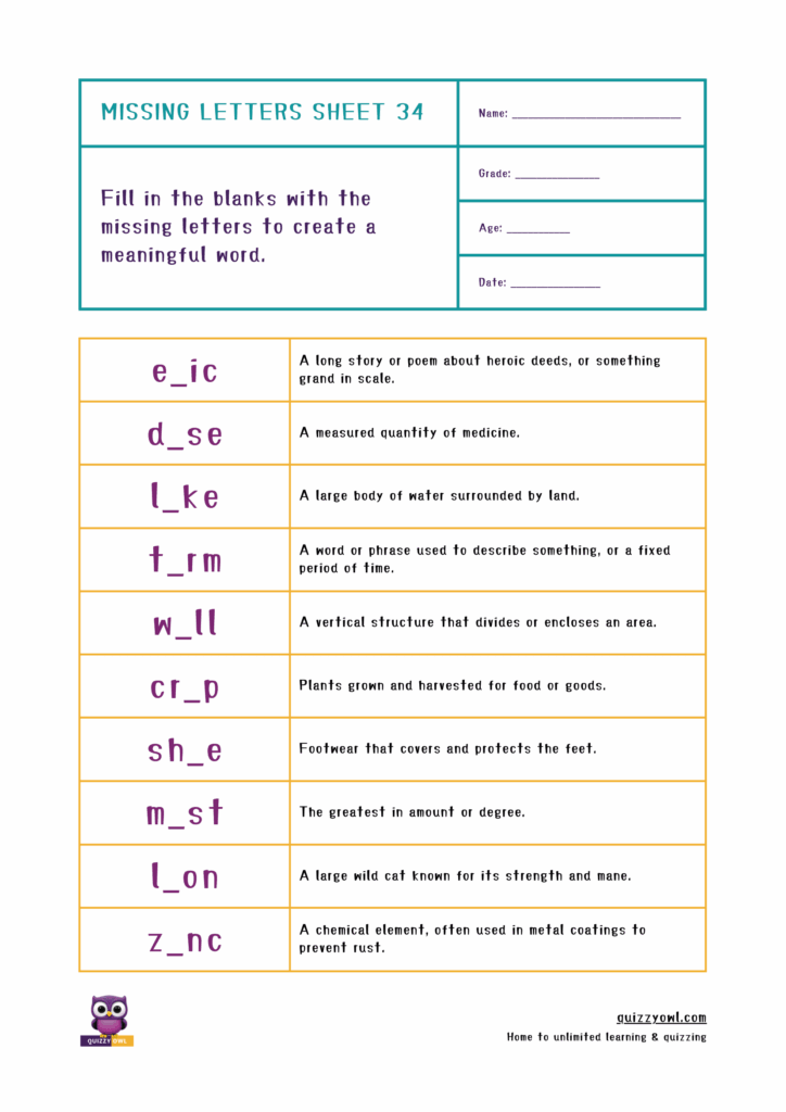 Phonics-based worksheet for identifying missing letters in 4-letter words.