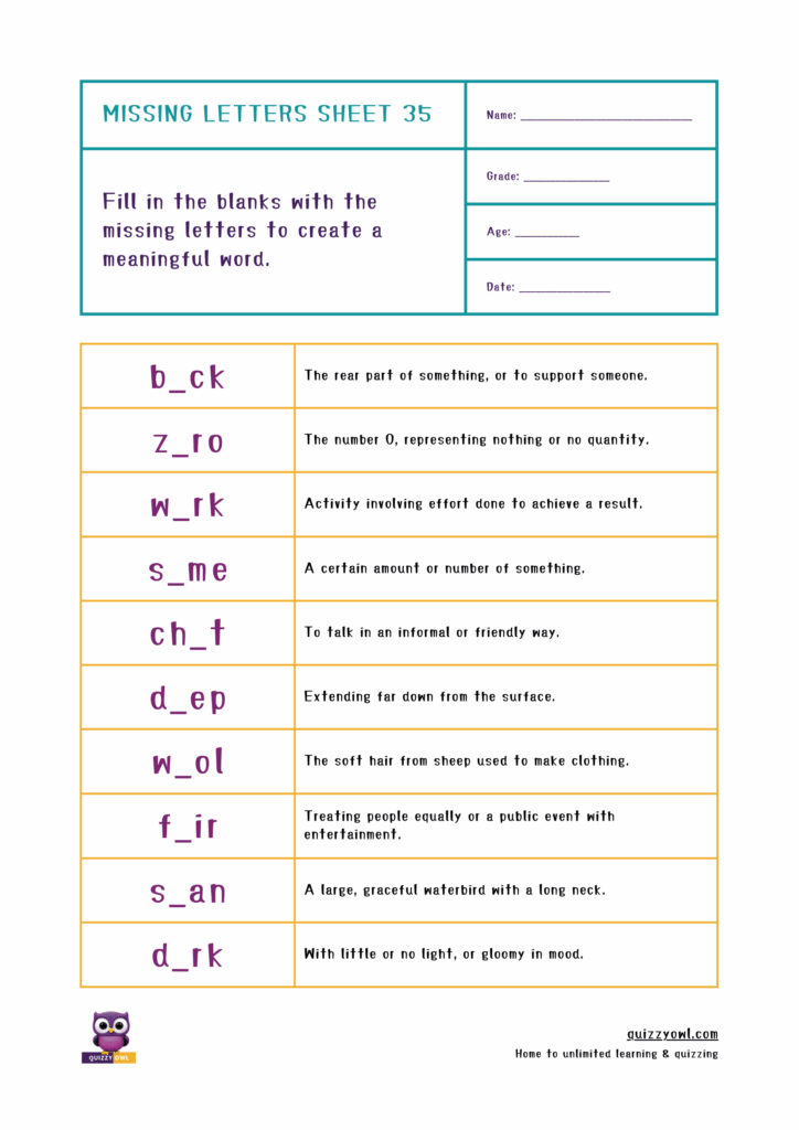 Easy missing letter worksheet for common 4-letter words.