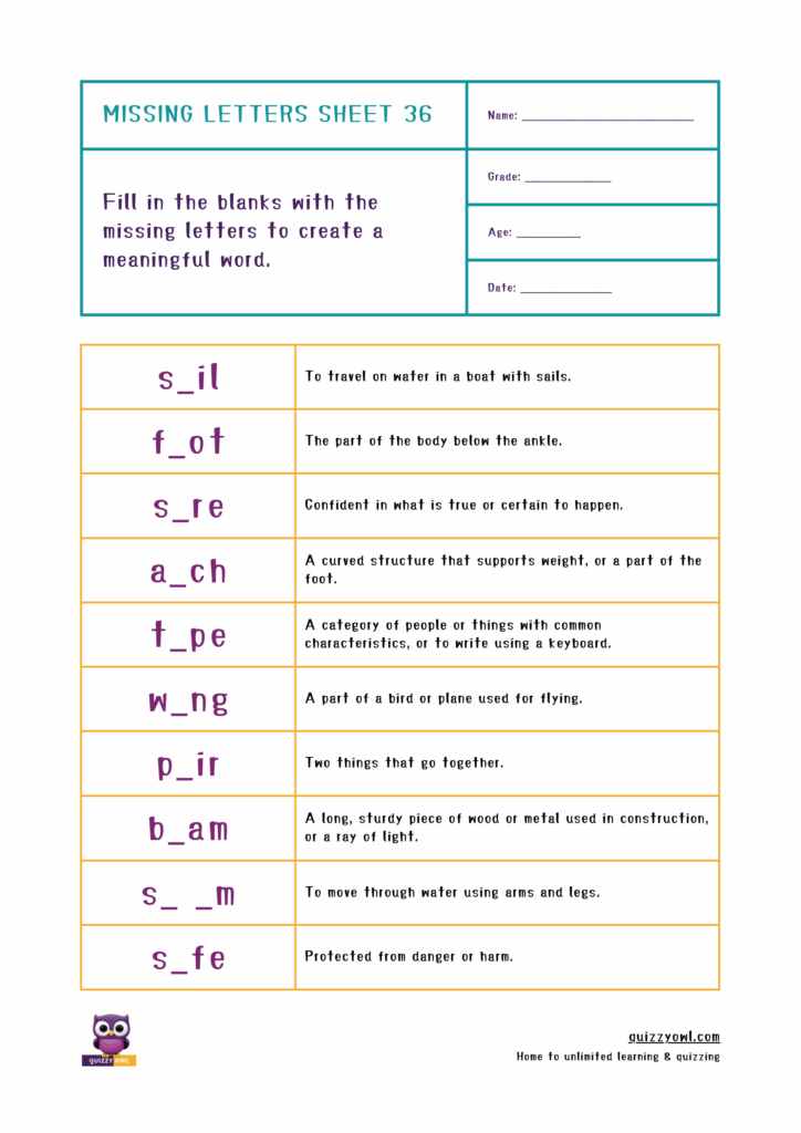Colorful 4-letter missing letter worksheet for preschool and early grades.