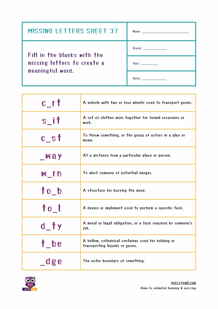 Printable missing letter worksheet with 4-letter word activity.