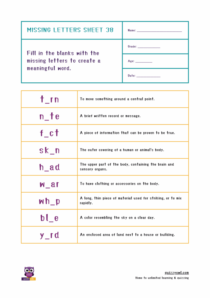 Missing letter worksheet for practicing 4-letter words.