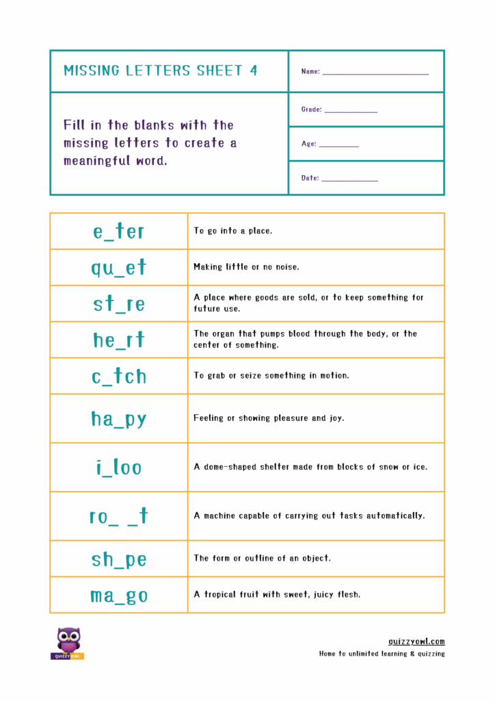 Missing letter worksheet for 5-letter word recognition and spelling.