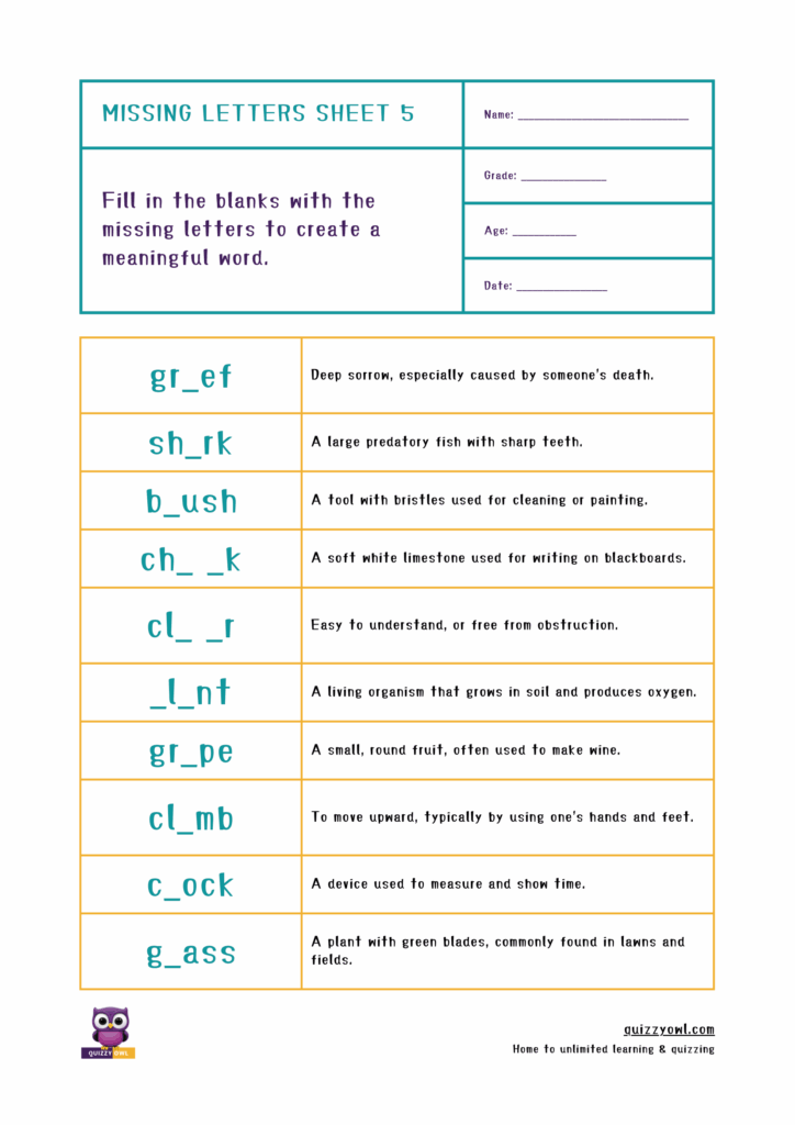 Phonics worksheet with missing letters in 5-letter words.