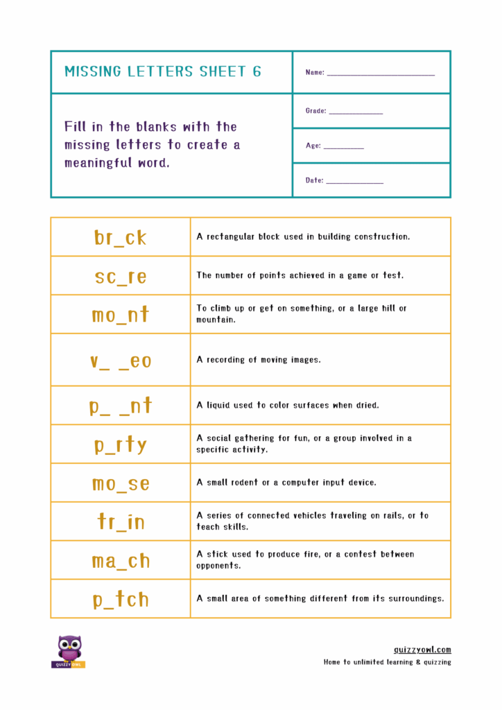 Printable missing letter worksheet featuring 5-letter words.