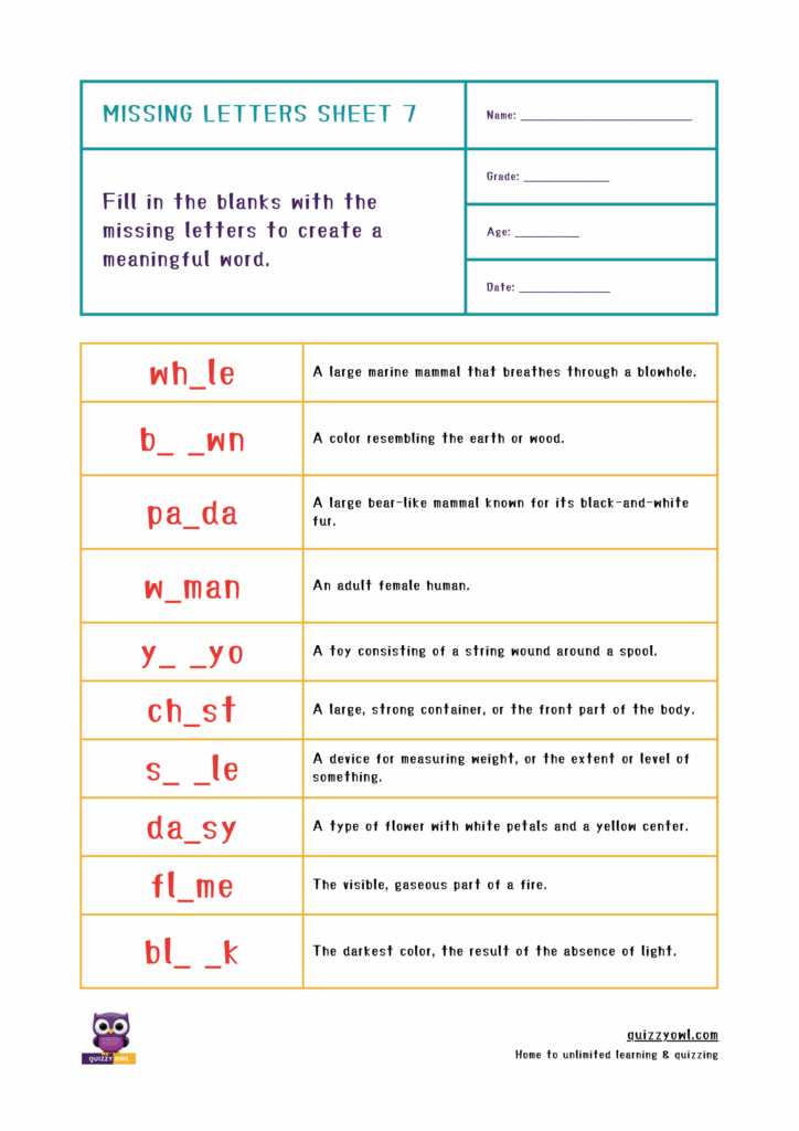5-letter word puzzle worksheet with blanks to fill in letters.