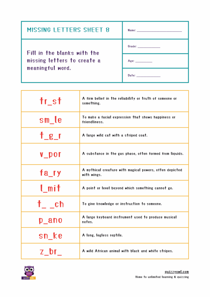 Interactive 5-letter missing letter worksheet for spelling practice.