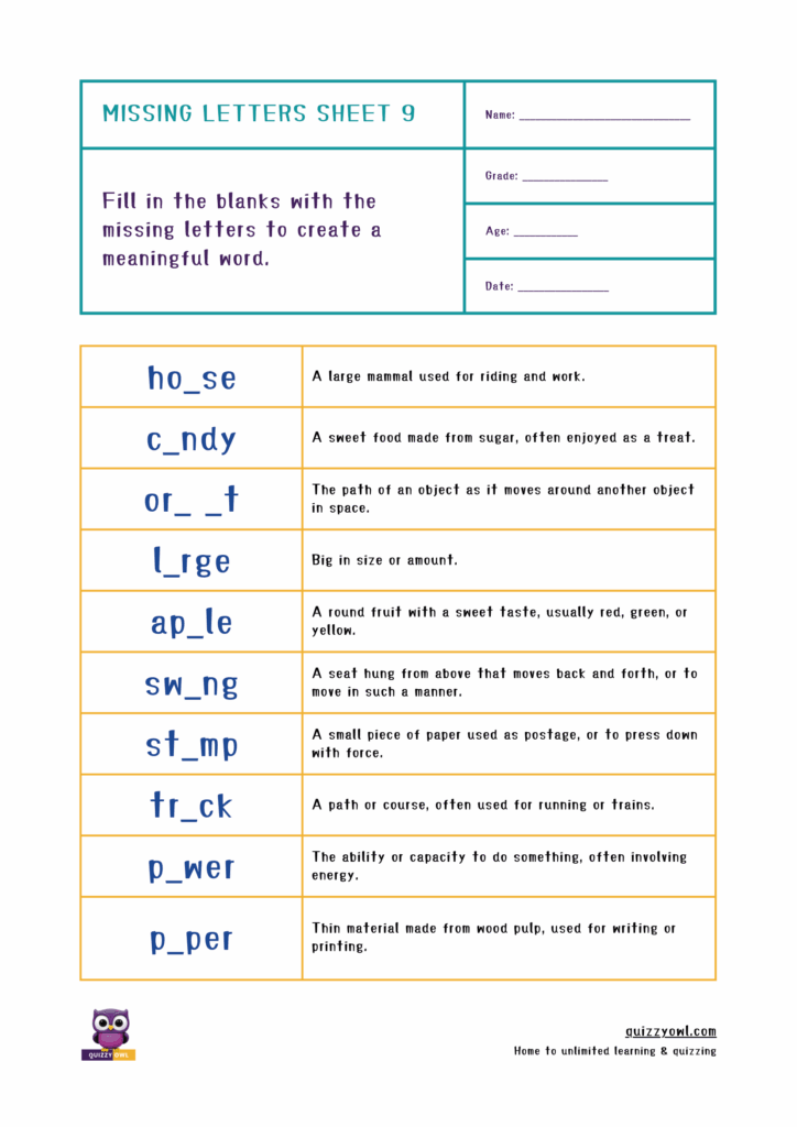 Educational worksheet to complete 5-letter words by filling blanks.
