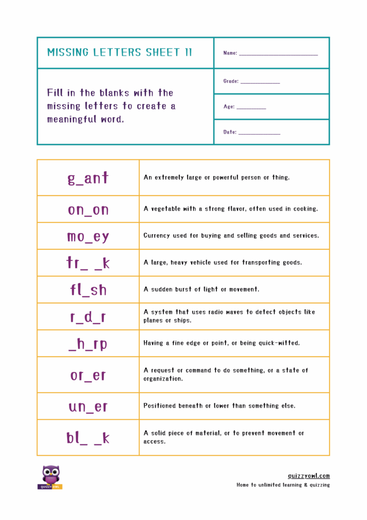 5-letter word spelling worksheet with missing letter activity.