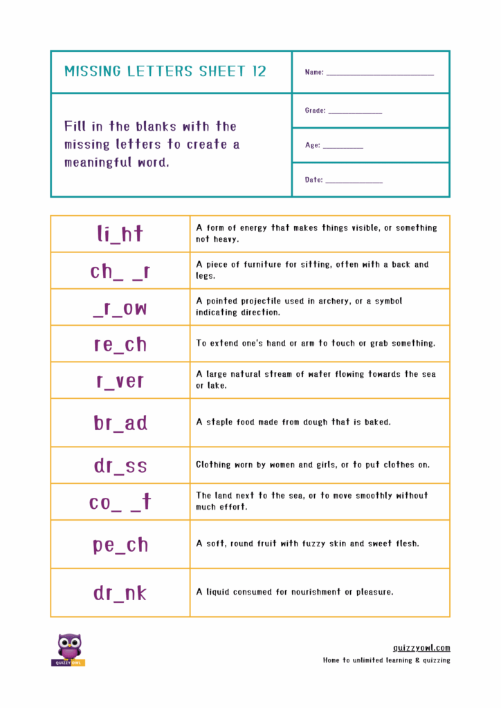 Printable 5-letter missing letter worksheet for early learners.