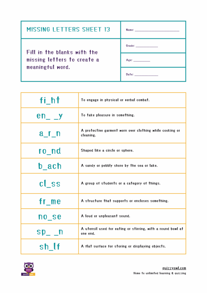 Missing letter worksheet for practicing 5-letter words with kids.