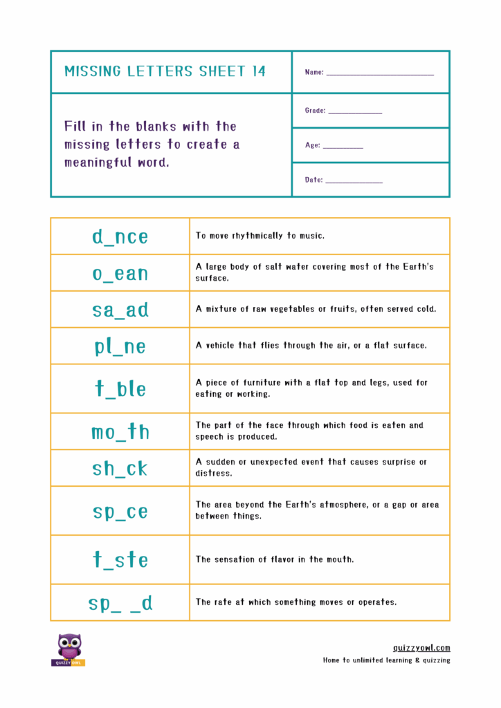 Worksheet for identifying missing letters in 5-letter vocabulary.