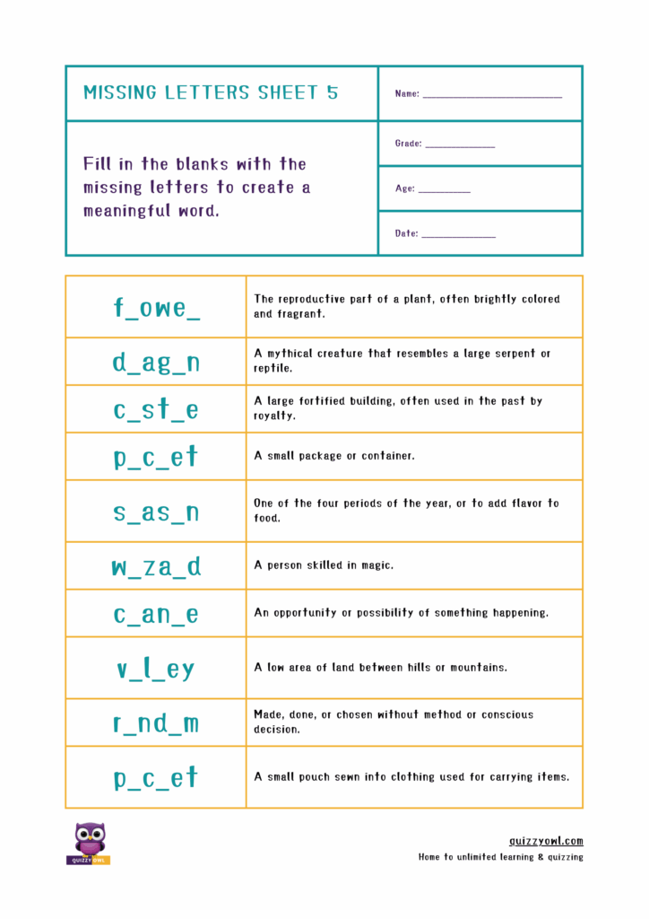 Colorful missing letter worksheet with a 6-letter word puzzle.