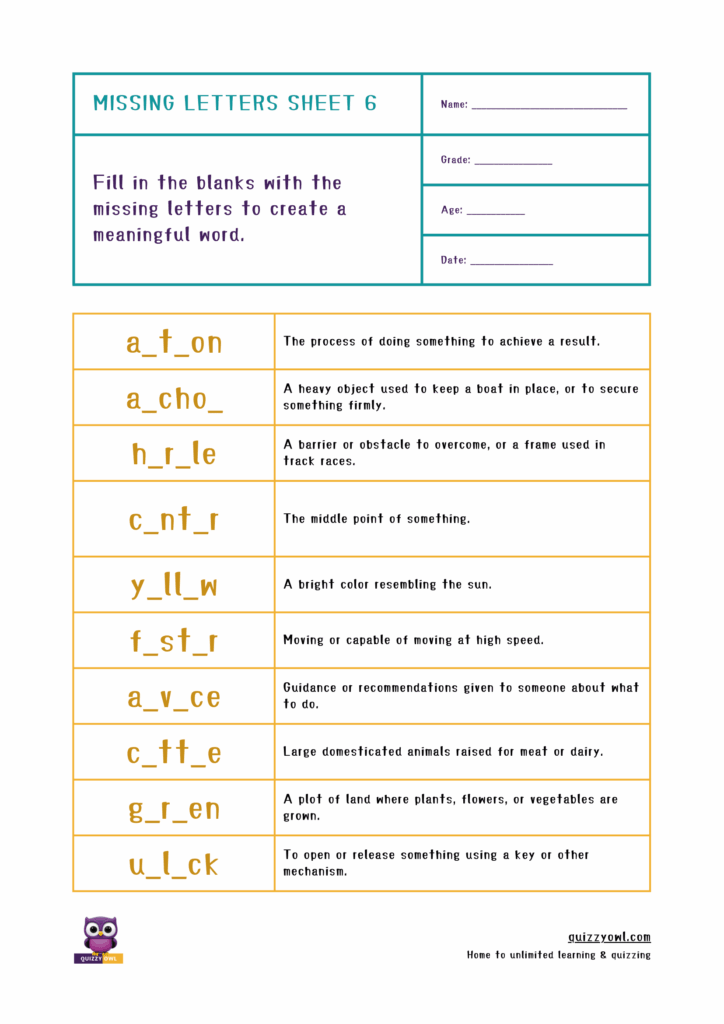 Educational missing letter worksheet for 6-letter word practice.