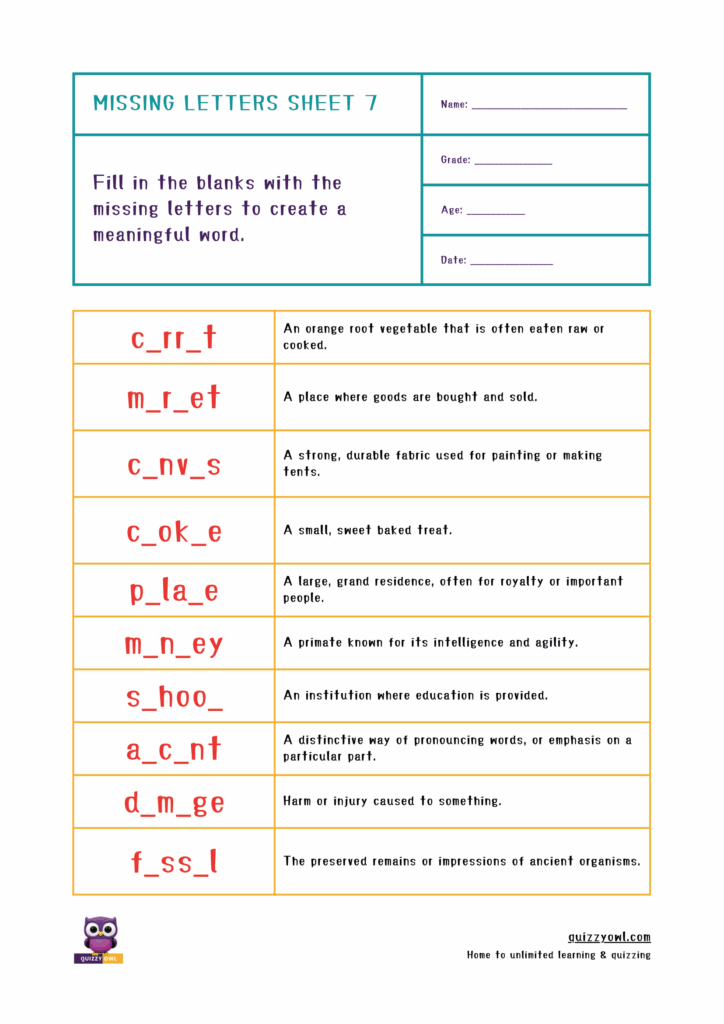 Printable missing letter worksheet focused on 6-letter vocabulary.